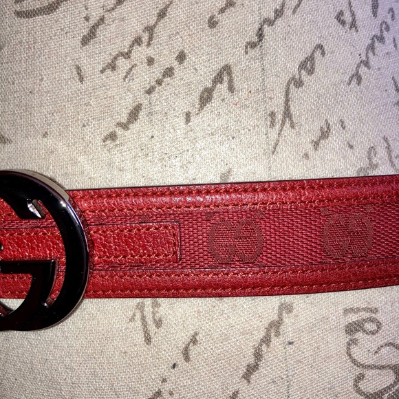 Authentic Gucci 2010s Interlocking GG Buckle Embroidered Leather Belt Red Womens - Picture 3 of 13